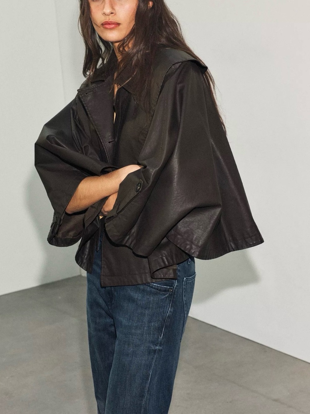 Zara Dark Brown Leather Cape Coat with Tie Neck